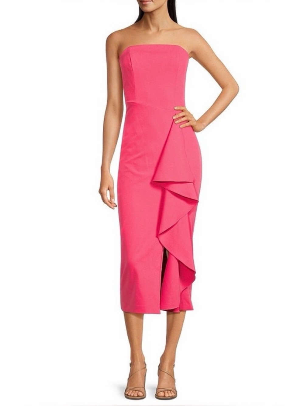 NWT Badgley Mischka Sz 6 Ximena Hot Pink Strapless Ruffle Crepe Midi Dress $259
